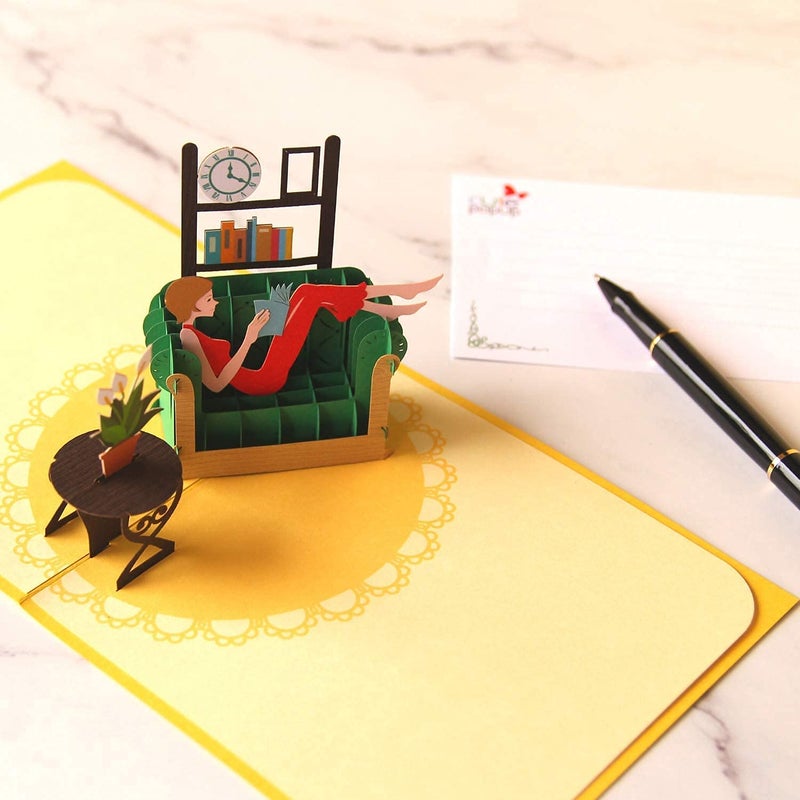 CUTE POPUP Girl loves reading 3D Pop Up Card - Premium 6x6 inch Handcrafted Greeting Card for Mom, Wife, Women (Mesmerizing Meditation Gift) - Image 3